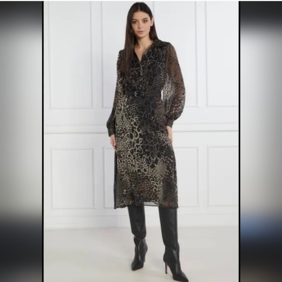 🖤 DKNY Leopard Print Chiffon Fit & Flare Midi Dress Black/Gray Size 6 - Picture 2 of 10